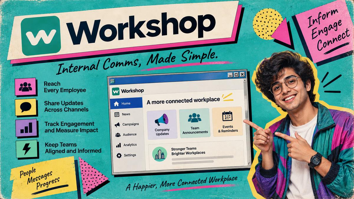 Workshop internal communications workspace with campaigns, calendar, and engagement tracking.