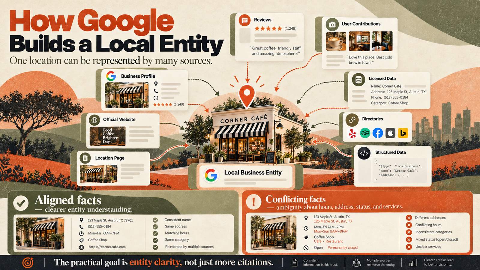 How Google builds one local business entity from profiles, websites, licensed data, directories, and user contributions.