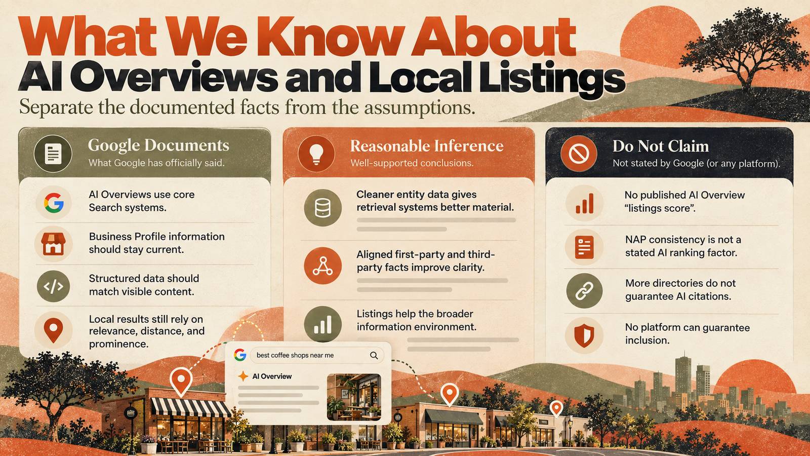 What Google documents, what can reasonably be inferred, and what should not be claimed about AI Overviews and local listings.