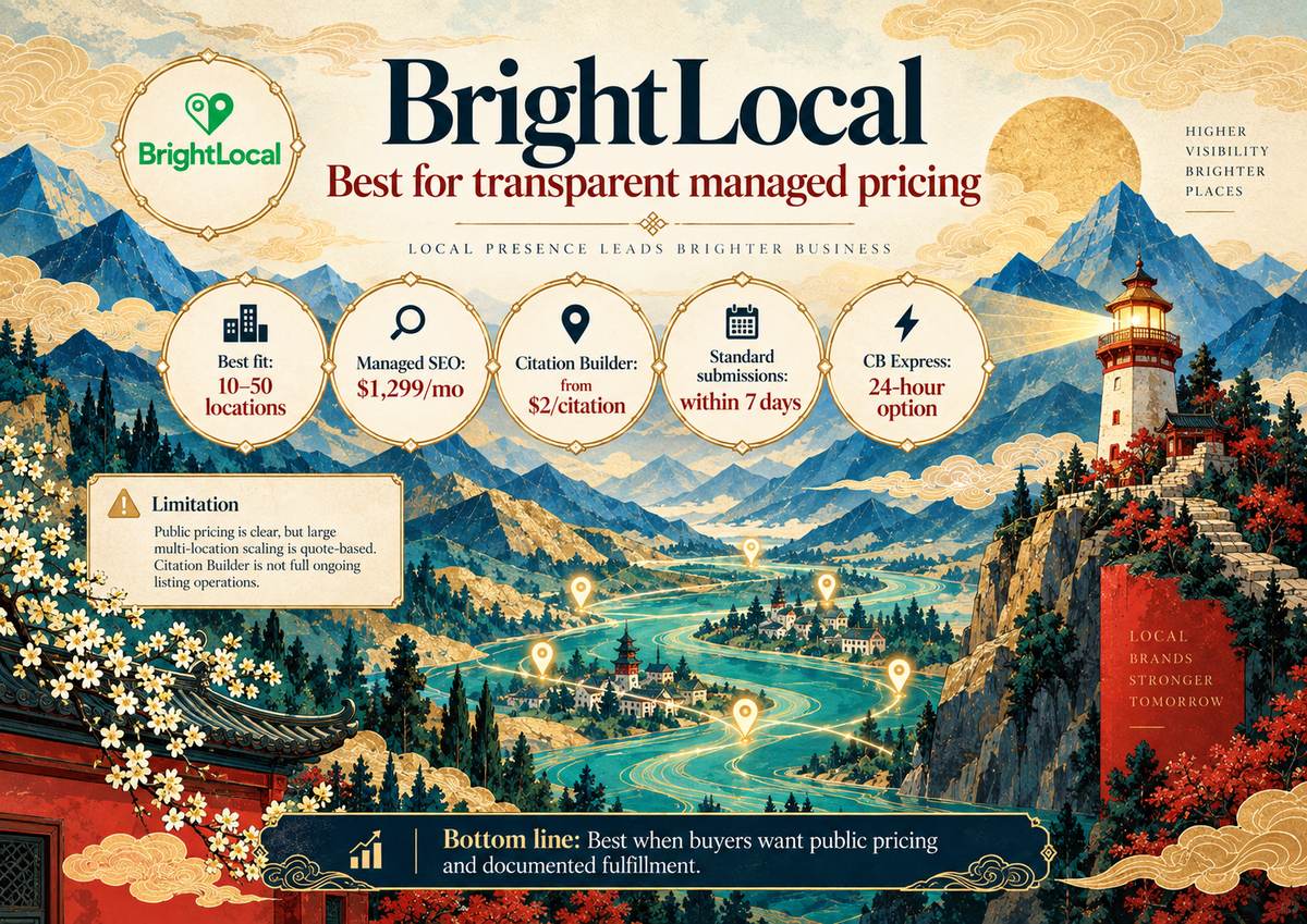 BrightLocal at a glance: transparent managed SEO pricing, Citation Builder fees, and documented submission timing.