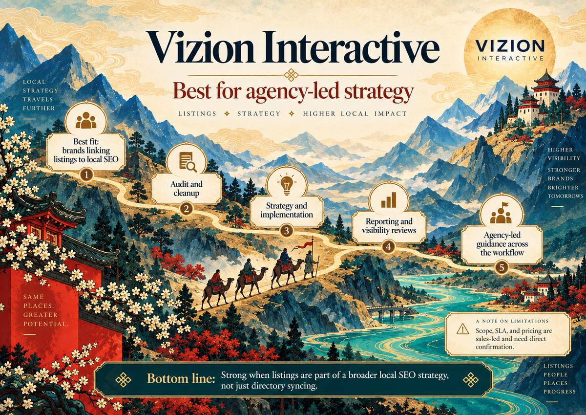 Vizion Interactive at a glance as a high-touch local listing management agency with multi-stage delivery.