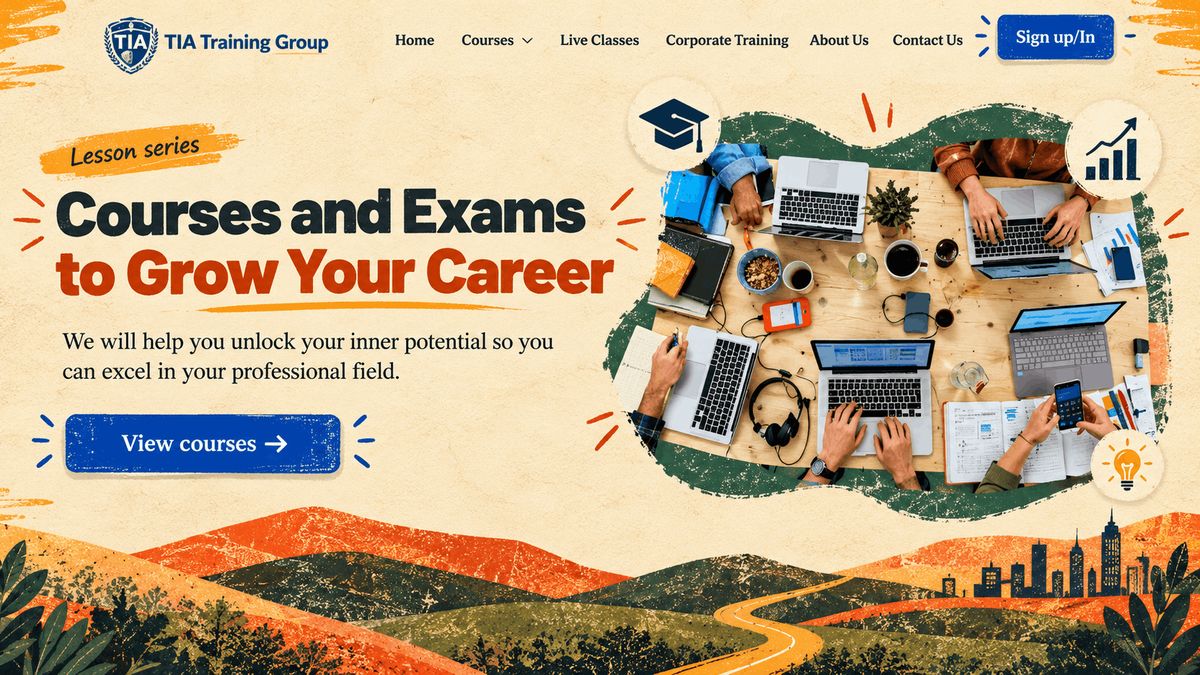 TIA Training Group homepage banner, introducing the self-paced video course taught by Andrew Ramdayal.