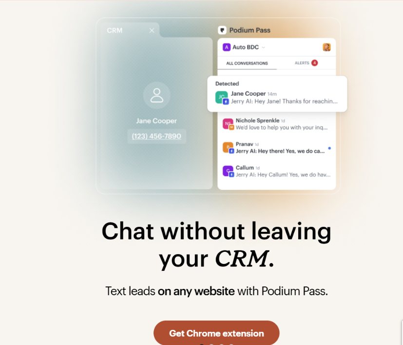 Podium Pass interface for managing customer messaging and lead conversations alongside a CRM