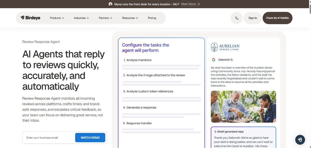 Birdeye Review Response Agent interface showing automated review analysis and AI-assisted reply drafting
