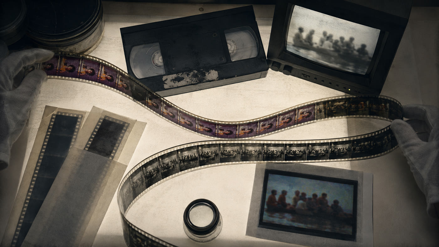 Editorial illustration: restorers compare surviving picture and sound elements before rebuilding a film.