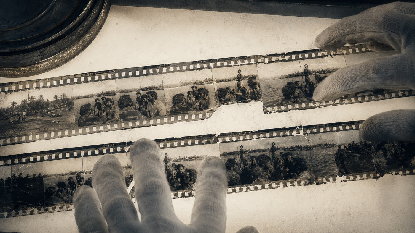 Editorial illustration: two damaged 35mm prints supplied the surviving picture and sound material for Amma Ariyan.
