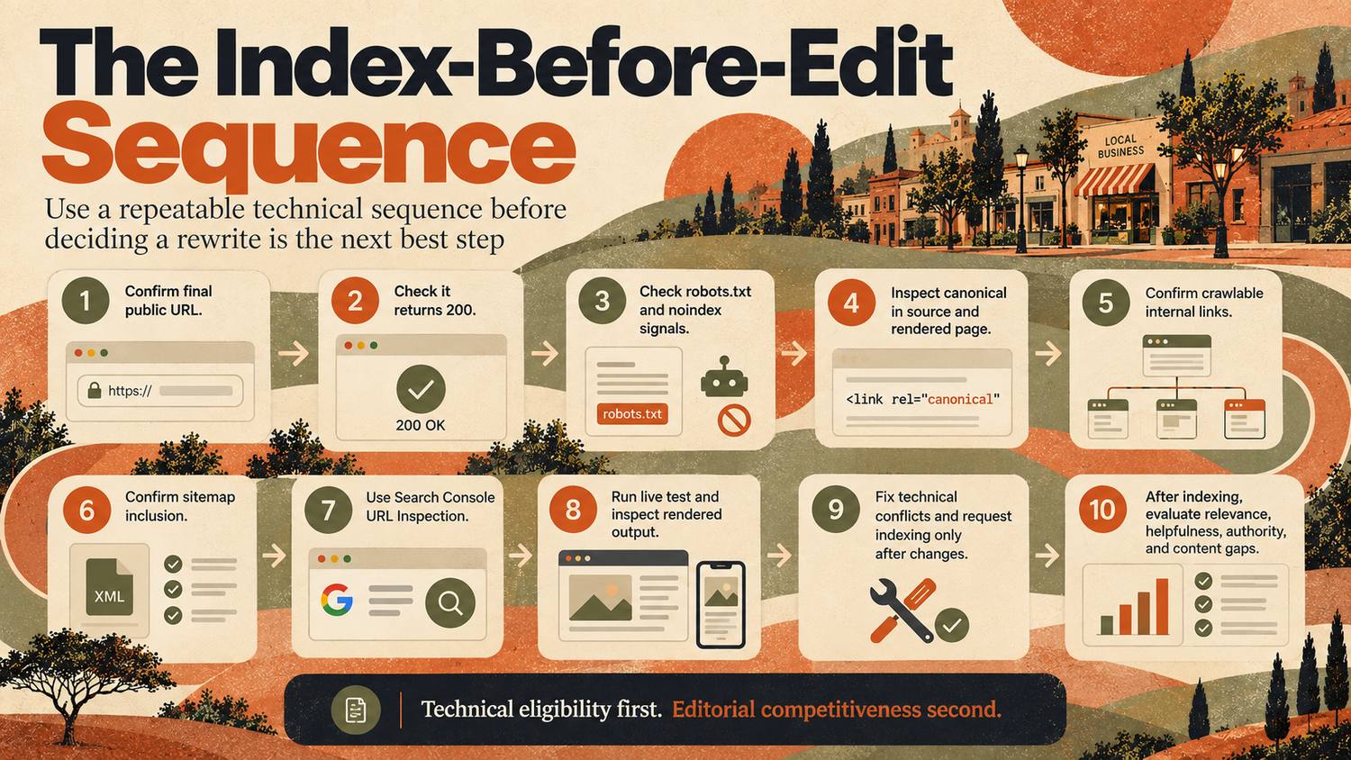 The index-before-edit sequence: ten technical checks to run before deciding a rewrite is the next step.
