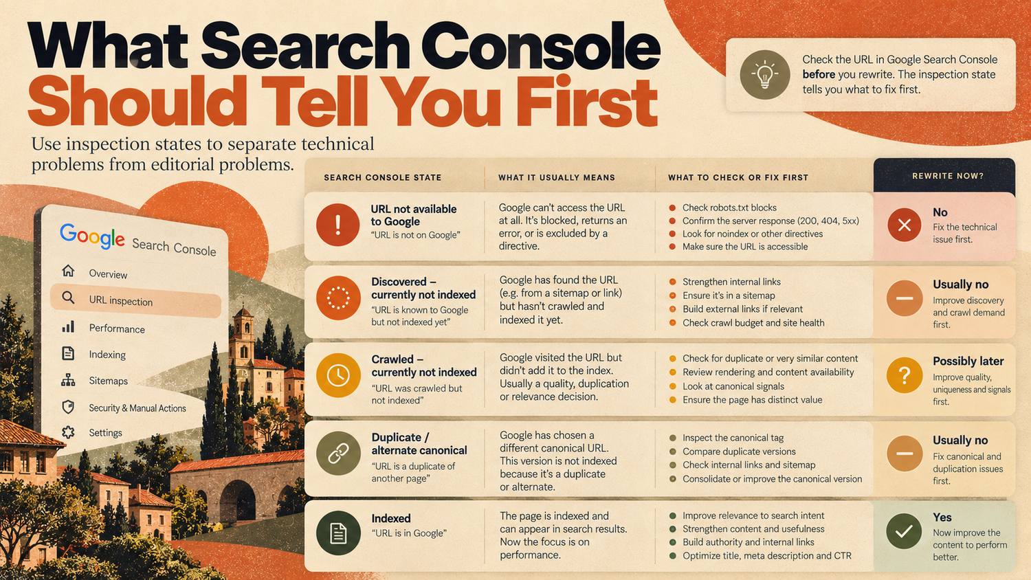 Search Console inspection states, what each usually means, what to check first, and whether to rewrite now.