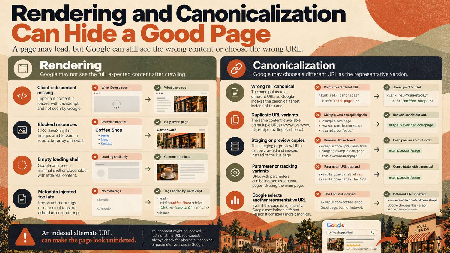 How rendering failures and canonicalization conflicts can hide a good page or make it look unindexed.