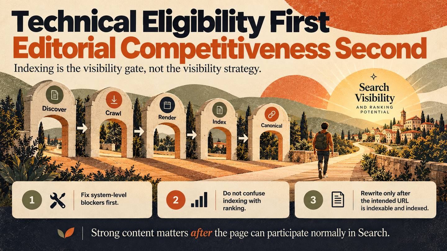 Technical eligibility first, editorial competitiveness second: the discover, crawl, render, index, and canonical gates before search visibility.