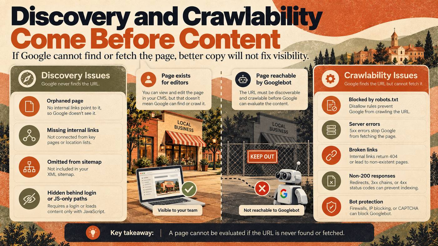 Discovery and crawlability issues that stop Google from finding or fetching a page before its content can be evaluated.