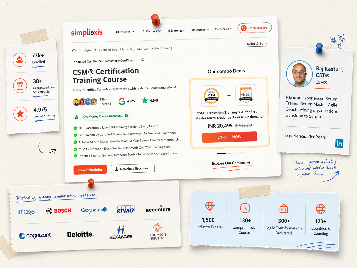 SimpliAxis CSM course page: live batches, included exam, and trainer details.