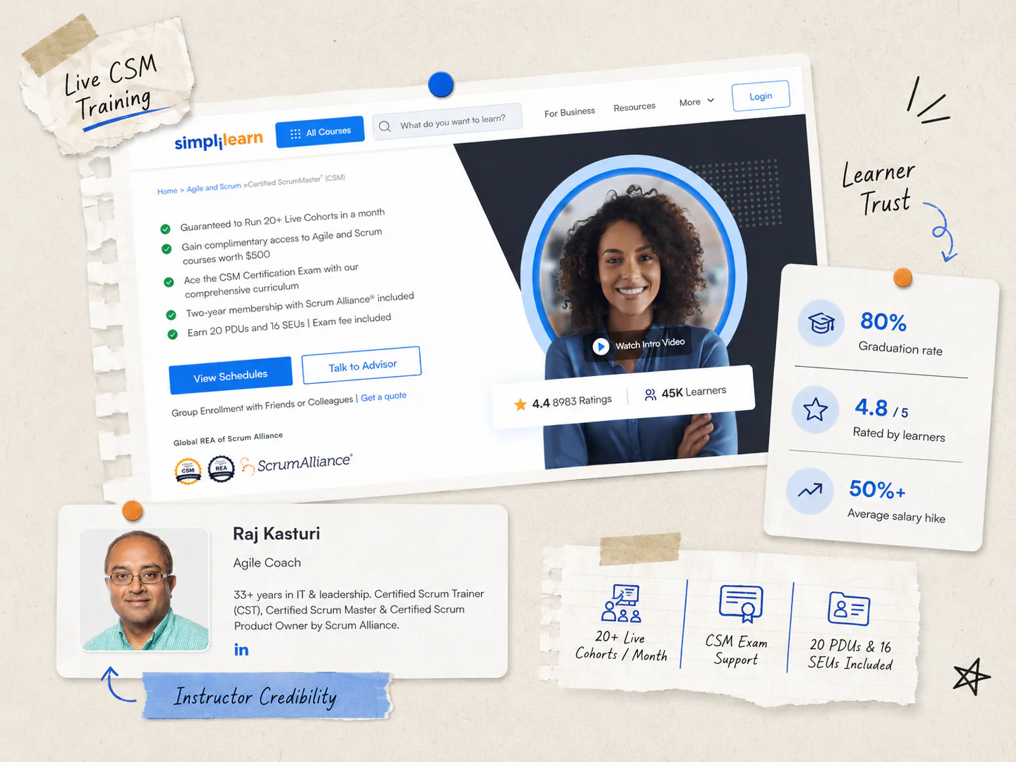 Simplilearn CSM course page: live cohorts, exam fee, and Scrum Alliance path.