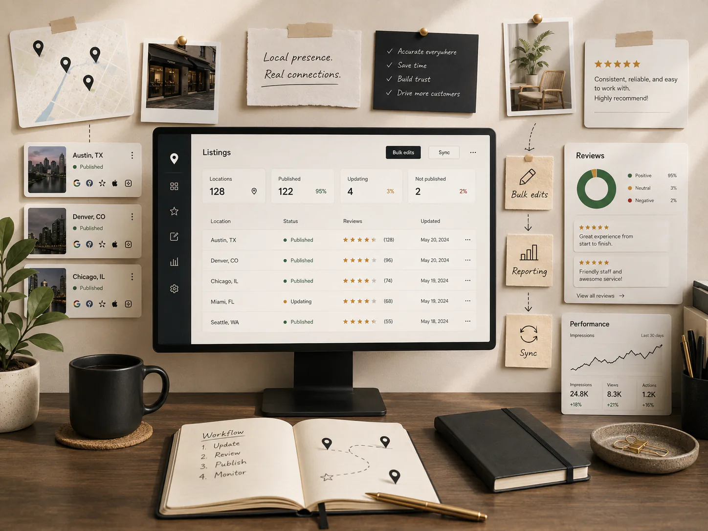 A listings workspace for bulk edits, directory sync, and location status.