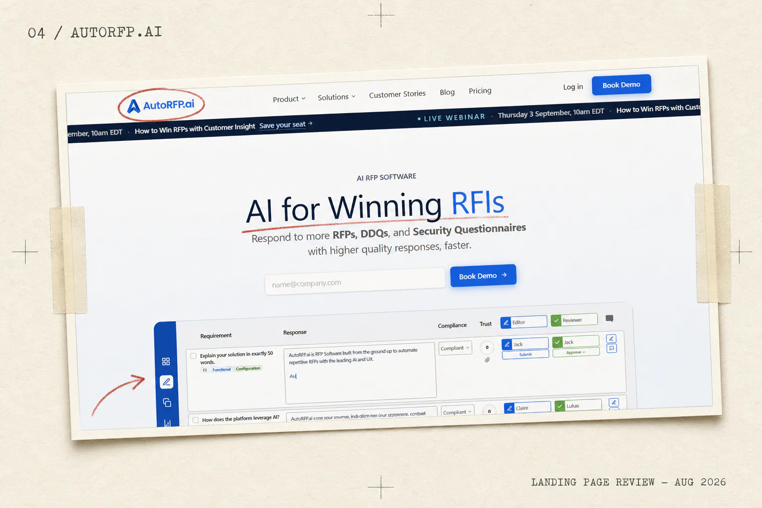 AutoRFP landing page, with a project view for requirements and reviews.