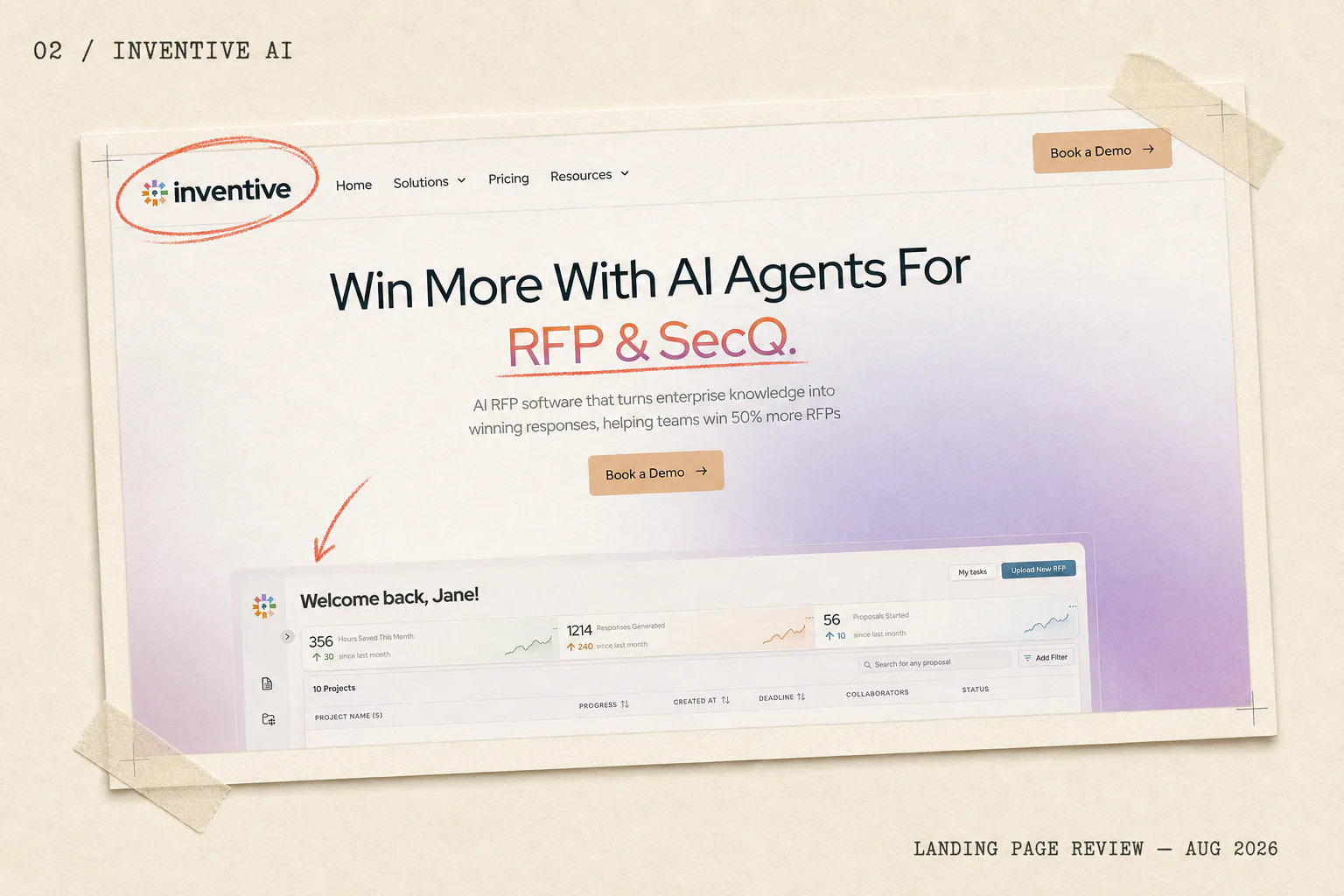 Inventive AI landing page for RFP and security-questionnaire automation.