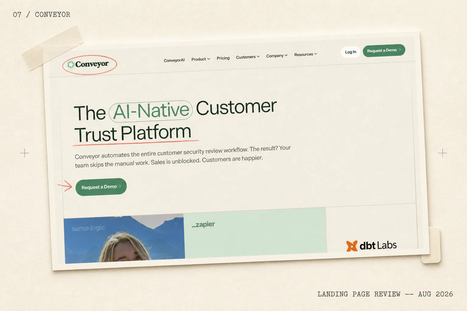 Conveyor landing page, framing the product as an AI customer-trust platform.