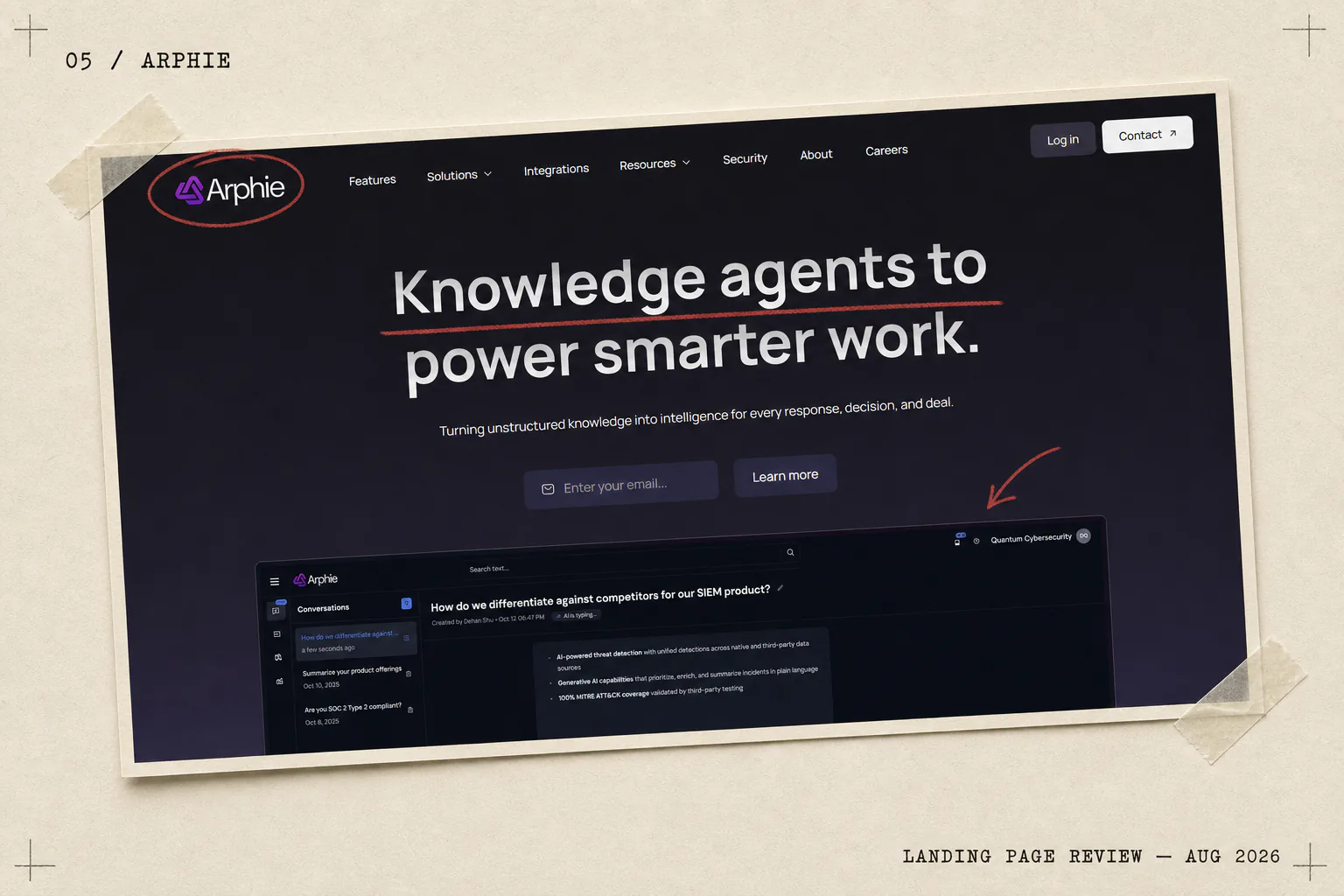 Arphie landing page, showing knowledge-agent answers with source-backed drafts.