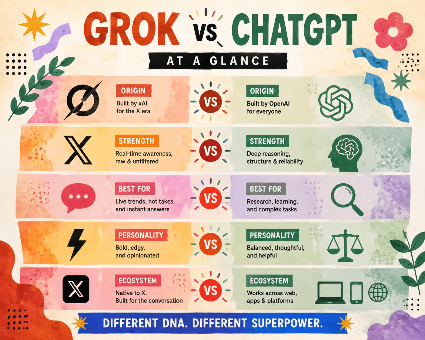 A high-level contrast of Grok and ChatGPT origins, strengths, and use.