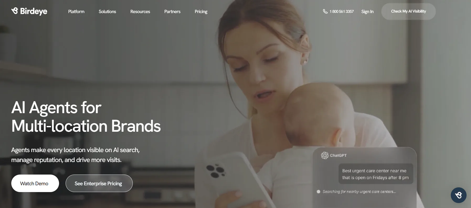 Birdeye homepage, showing multi-location visibility in AI and local search.