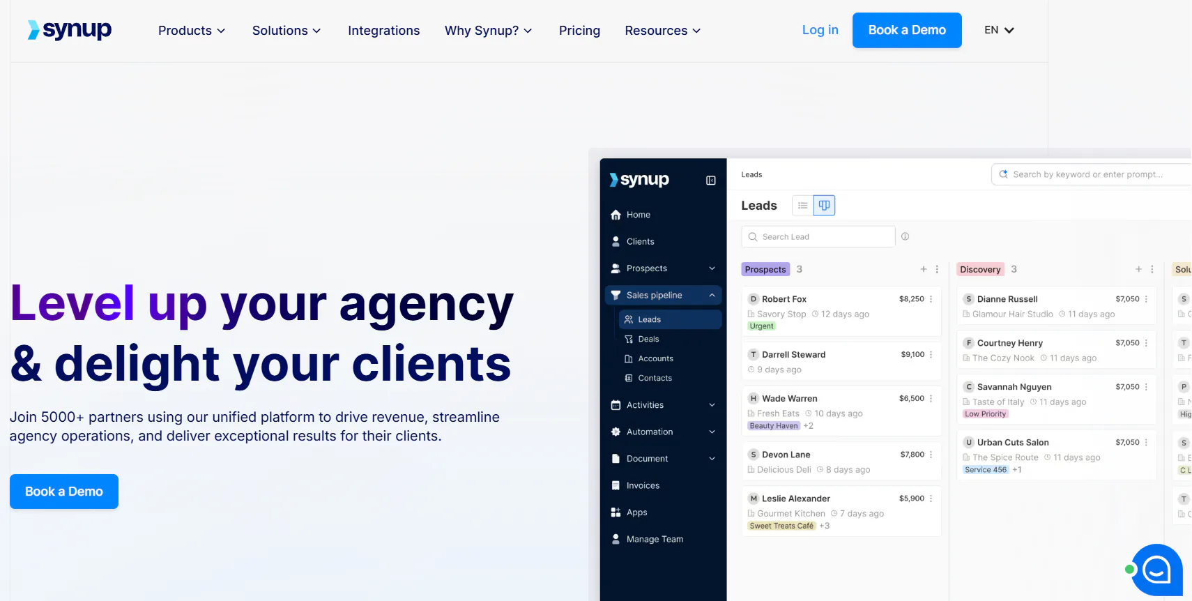 Synup homepage for agencies, with a client pipeline beside the product pitch.
