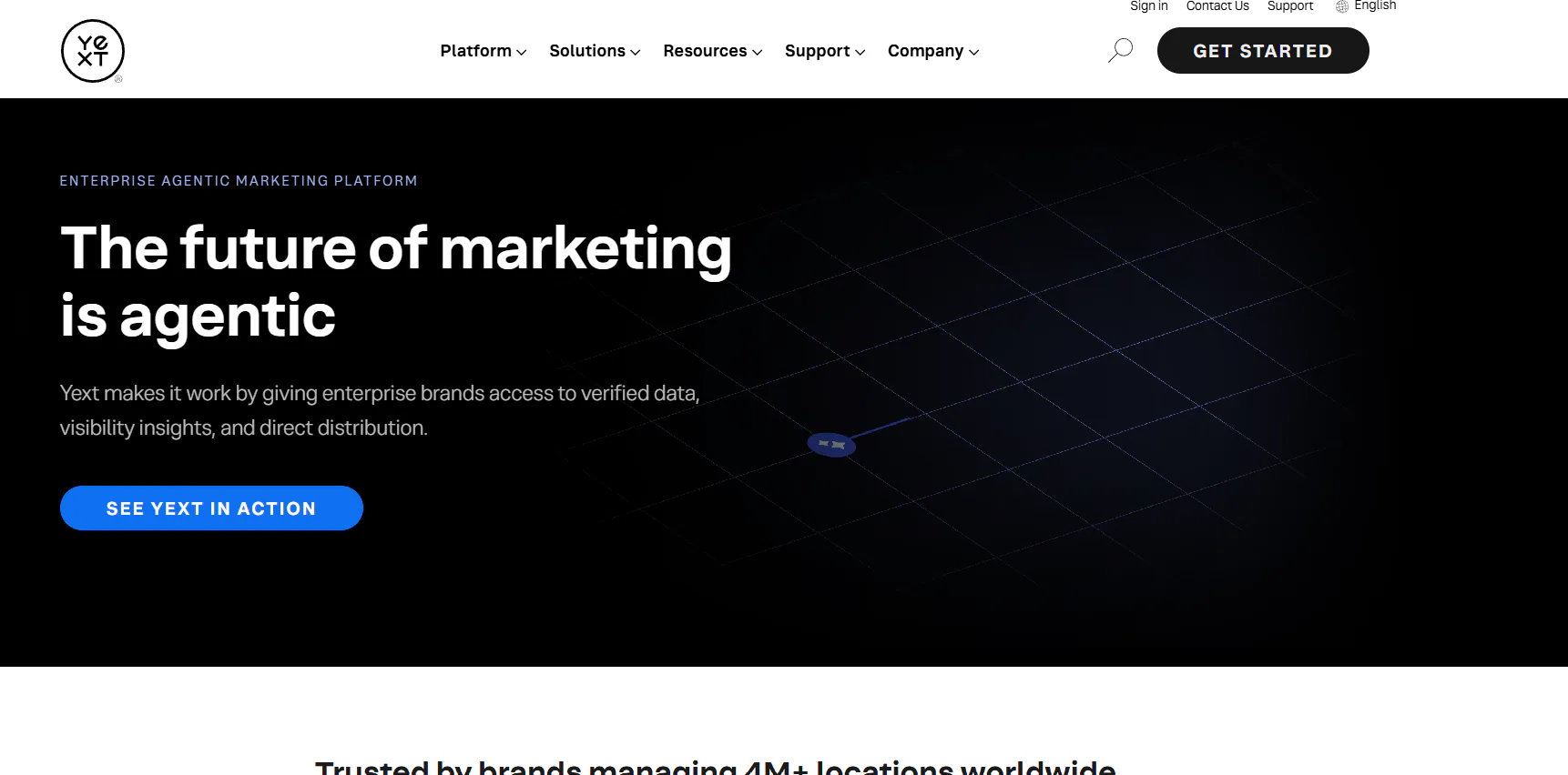 Yext homepage, emphasising verified data and distribution for large networks.