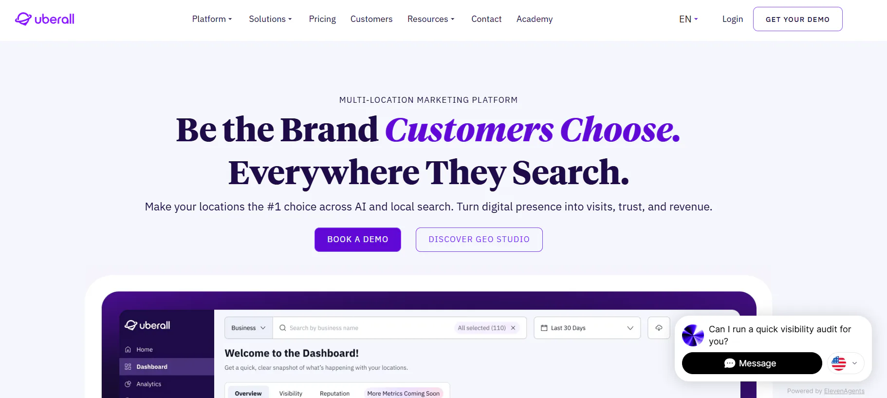 Uberall homepage for multi-location marketing, with a dashboard preview.