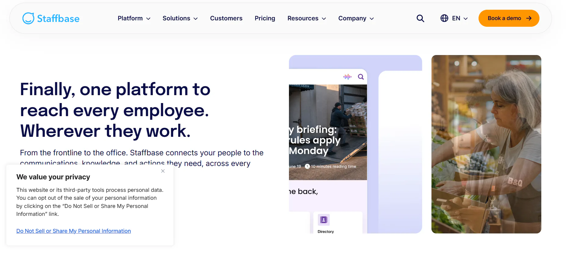 Staffbase homepage for reaching office staff and frontline workers in one place.