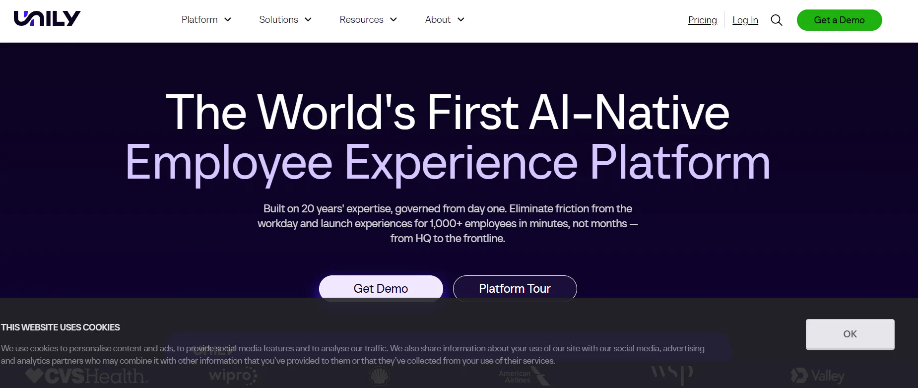 Unily homepage, presenting an AI-native employee experience platform.