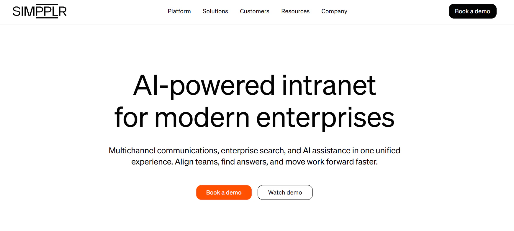 Simpplr homepage, positioning the product as an AI-powered enterprise intranet.
