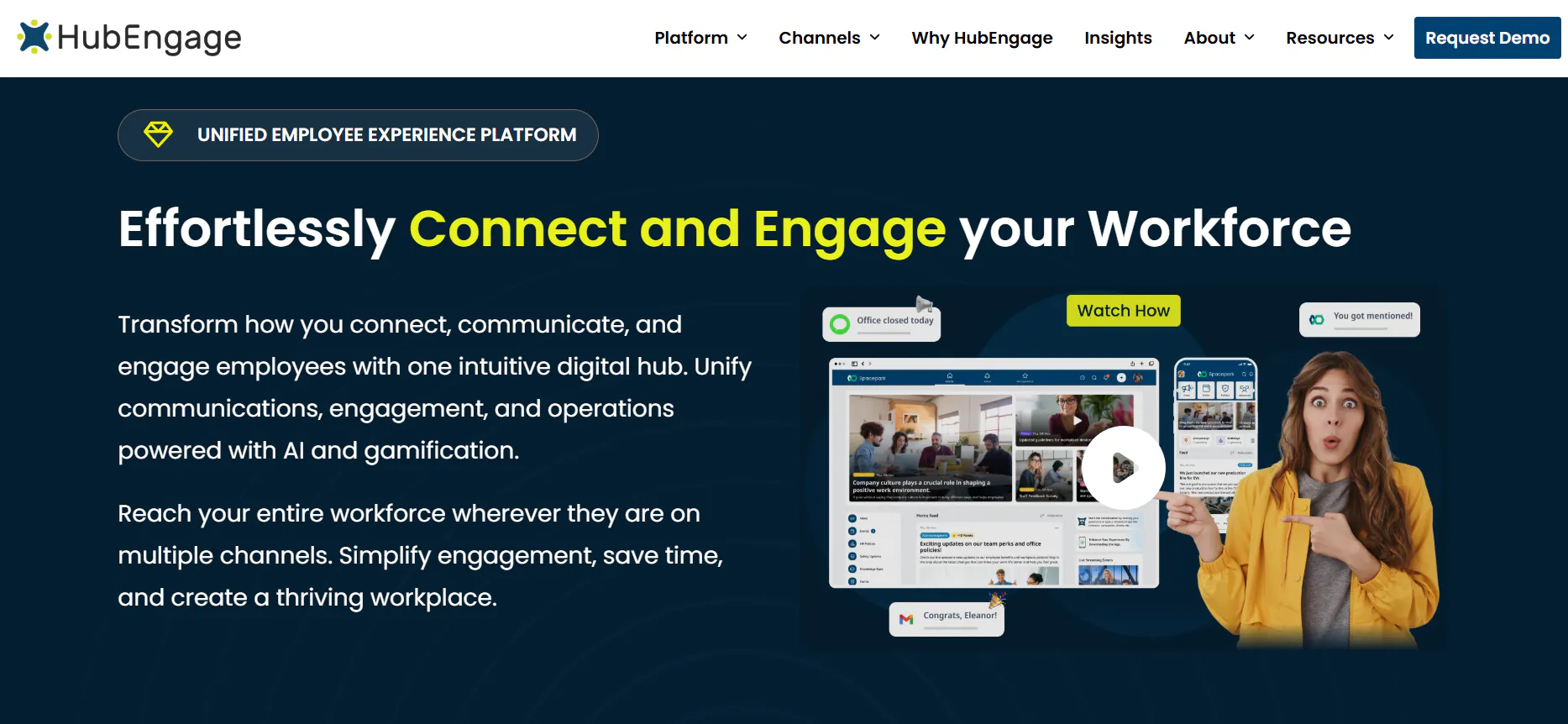 HubEngage homepage, showing desktop and mobile employee comms together.